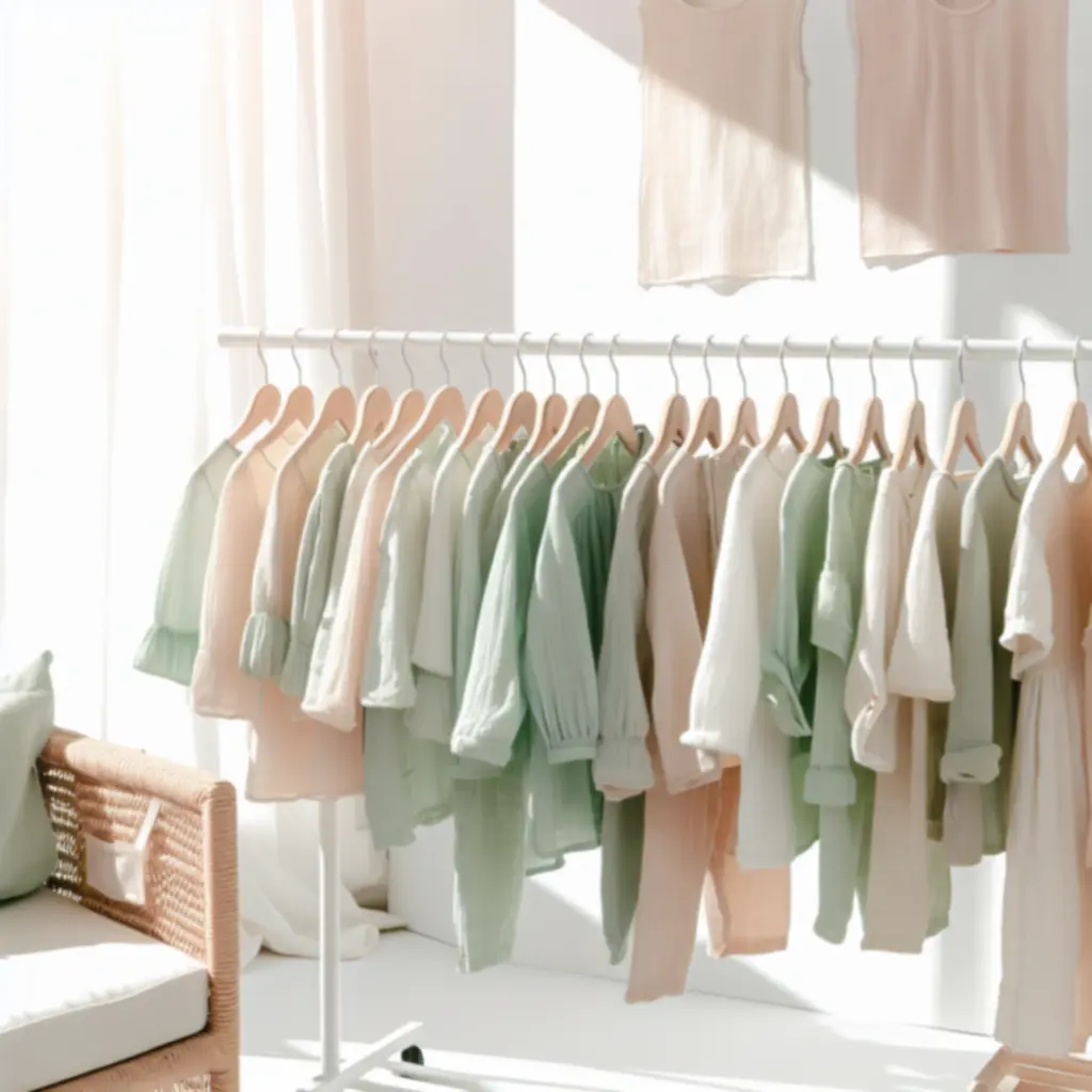 Pastelowa kolekcja ubrań dziecięcych na wieszakach