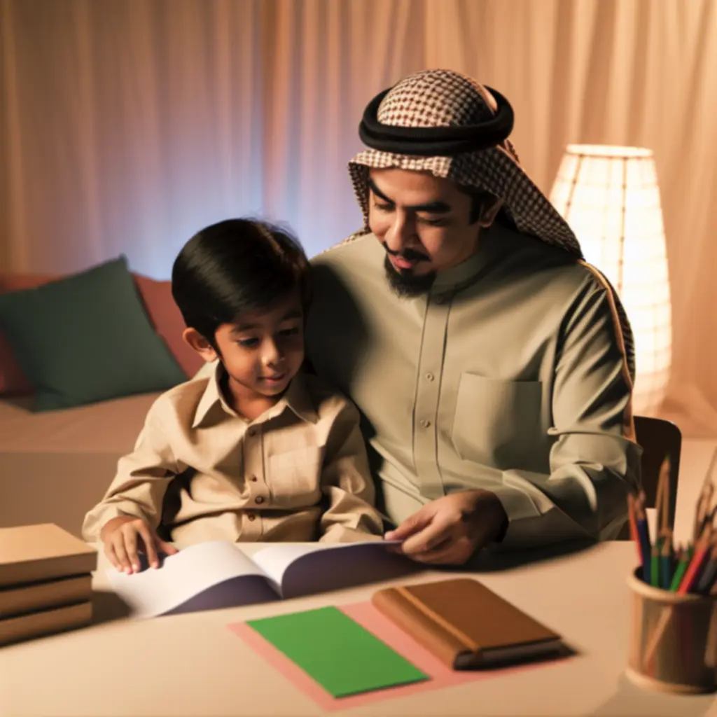 Rodzic czyta dziecku artykuł edukacyjny przy biurku