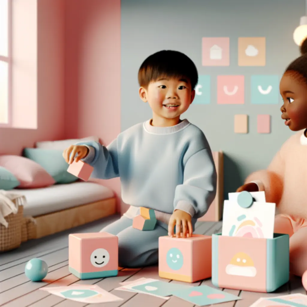 Dzieci bawią się edukacyjnymi klockami i kartami pracy w pastelowej aranżacji