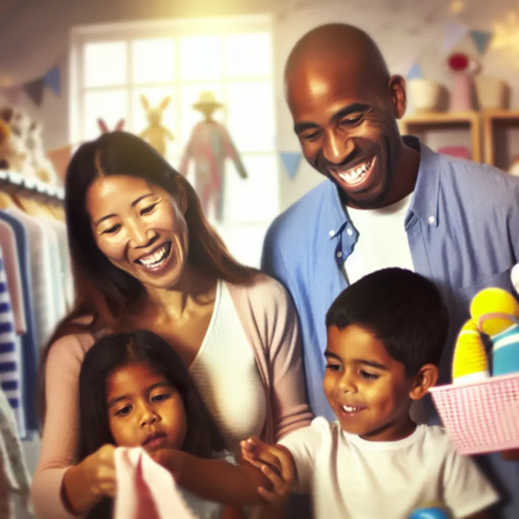 Rodzina przeglądająca pastelowe produkty dziecięce