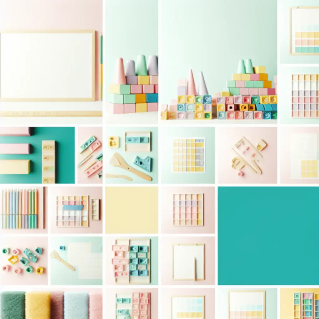 Zestawy edukacyjne z klockami, kartami i liczmanami na pastelowym tle
