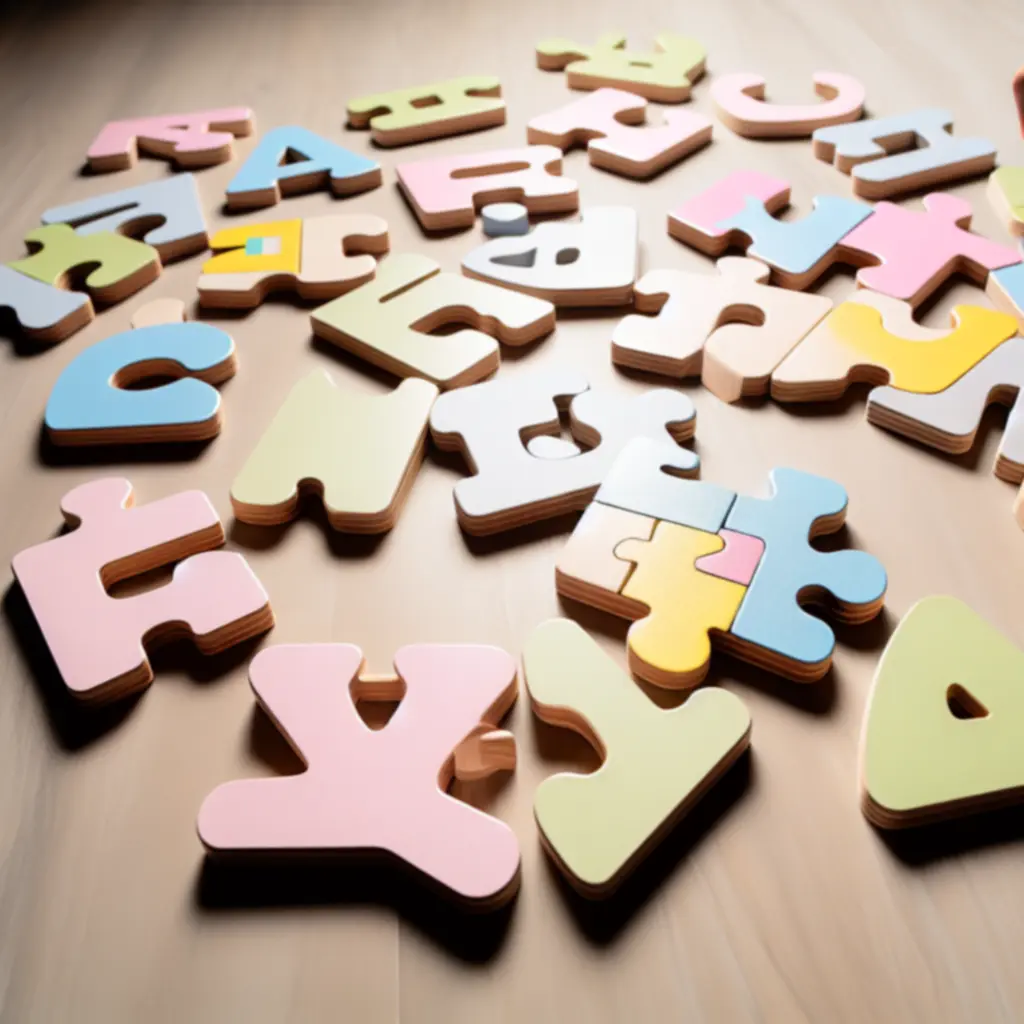 Drewniane puzzle alfabet w pastelowych kolorach